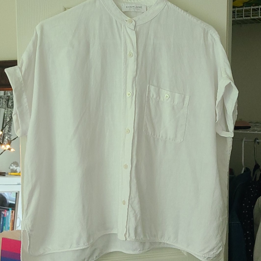 The Linen Collarless Short-Sleeve Square Shirt